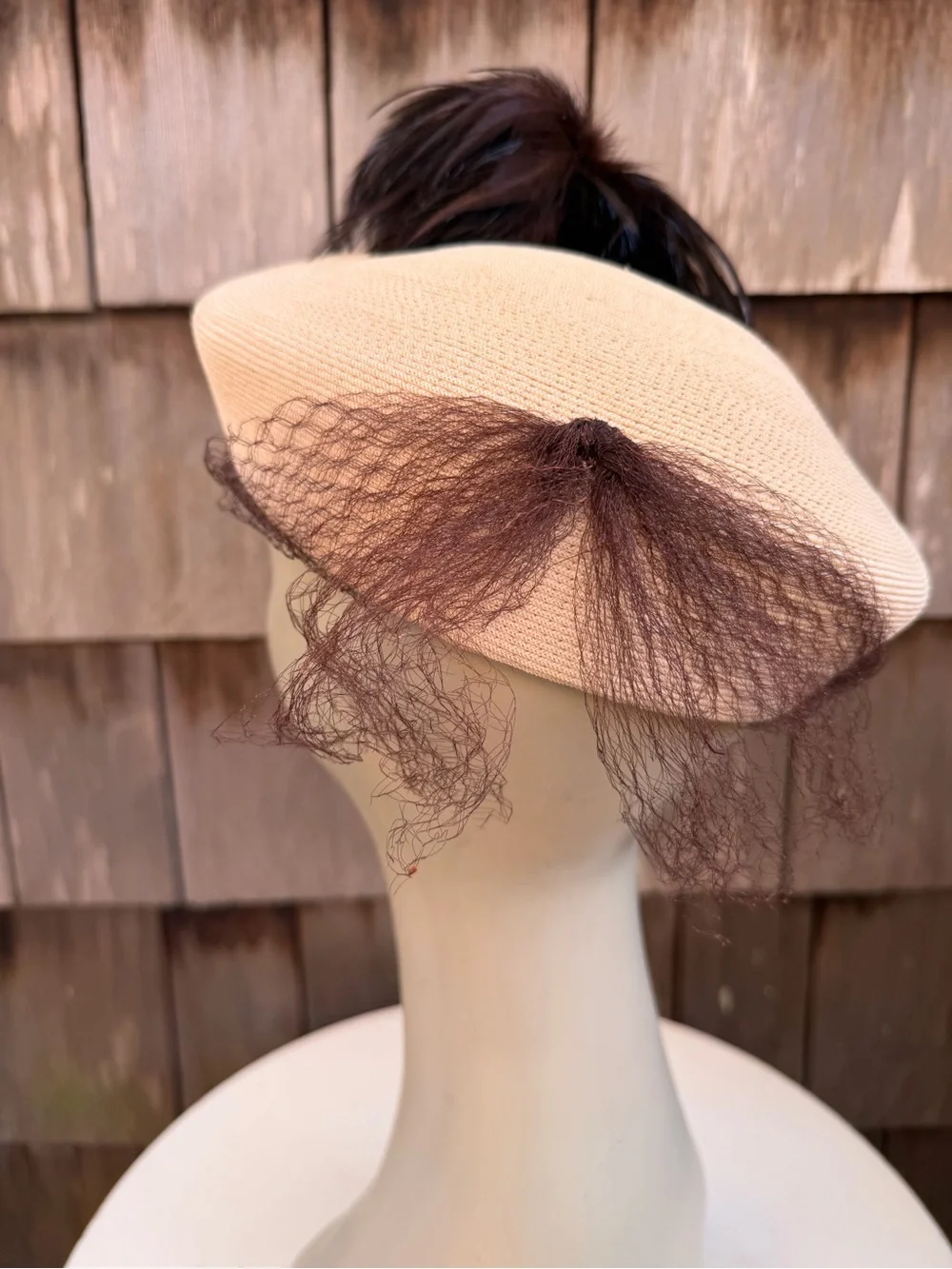 Vintage faux straw beige pillbox hat bows & brown feathers accent tassels 21.5”.